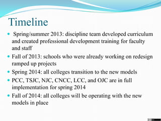 Timeline
 Spring/summer 2013: discipline team developed curriculum
and created professional development training for faculty
and staff
 Fall of 2013: schools who were already working on redesign
ramped up projects
 Spring 2014: all colleges transition to the new models
 PCC, TSJC, NJC, CNCC, LCC, and OJC are in full
implementation for spring 2014
 Fall of 2014: all colleges will be operating with the new
models in place
 