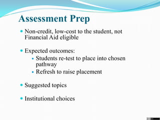Assessment Prep
 Non-credit, low-cost to the student, not
Financial Aid eligible
 Expected outcomes:
 Students re-test to place into chosen
pathway
 Refresh to raise placement
 Suggested topics
 Institutional choices
 
