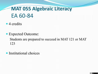 MAT 055 Algebraic Literacy
EA 60-84
 4 credits
 Expected Outcome:
Students are prepared to succeed in MAT 121 or MAT
123
 Institutional choices
 