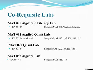 Co-Requisite Labs
MAT 025 Algebraic Literacy Lab
 EA 45 - 59 Supports MAT 055 Algebraic Literacy
MAT 091 Applied Quant Lab
 EA 30 - 84 or AR >40 Supports MAT 103, 107, 108, 109, 112
MAT 092 Quant Lab
 EA 80 - 84 Support MAT 120, 135, 155, 156
MAT 093 Algebra Lab
 EA 80 - 84 Supports MAT 121, 123
 