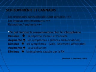 Les récepteurs cannabinoïdes sont sensibles +++
Les impacts sont importants +++
Relaxation / euphorie +++
Ce qui favorise la consommation chez le schizophrène
Diminue  la déprime, l’ennui et l’anxiété
Augmente  les symptômes + (délires, hallucinations)
Diminue  les symptômes – (vide, isolement, affect plat)
Augmente  la socialisation
Diminue  la dysphorie causée par la RX
(Rouillard, P., Psychiatric, 2005)
SCHIZOPHRÉNIE ET CANNABIS
 