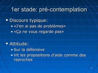 3131
1er stade: pré-contemplation1er stade: pré-contemplation
 Discours typique:Discours typique:
• «J’en ai pas de problèmes»«J’en ai pas de problèmes»
• «Ça ne vous regarde pas»«Ça ne vous regarde pas»
 Attitude:Attitude:
• Sur la défensiveSur la défensive
• Vit les propositions d’aide comme desVit les propositions d’aide comme des
reprochesreproches
 