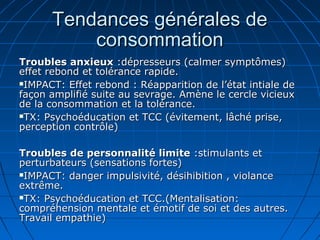 Tendances générales deTendances générales de
consommationconsommation
Troubles anxieuxTroubles anxieux :dépresseurs (calmer symptômes):dépresseurs (calmer symptômes)
effet rebond et tolérance rapide.effet rebond et tolérance rapide.
IMPACT: Effet rebond : Réapparition de l’état intiale deIMPACT: Effet rebond : Réapparition de l’état intiale de
façon amplifié suite au sevrage. Amène le cercle vicieuxfaçon amplifié suite au sevrage. Amène le cercle vicieux
de la consommation et la tolérance.de la consommation et la tolérance.
TX: Psychoéducation et TCC (évitement, lâché prise,TX: Psychoéducation et TCC (évitement, lâché prise,
perception contrôle)perception contrôle)
Troubles de personnalité limiteTroubles de personnalité limite :stimulants et:stimulants et
perturbateurs (sensations fortes)perturbateurs (sensations fortes)
IMPACT: danger impulsivité, désihibition , violanceIMPACT: danger impulsivité, désihibition , violance
extrême.extrême.
TX: Psychoéducation et TCC.(Mentalisation:TX: Psychoéducation et TCC.(Mentalisation:
compréhension mentale et émotif de soi et des autres.compréhension mentale et émotif de soi et des autres.
Travail empathie)Travail empathie)
 
