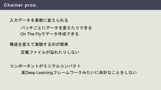 Chainer pros.
入力データを柔軟に変えられる
コンポーネントがミニマルコンパクト
バッチごとにデータを変えたりできる
On The Flyでデータ作成できる
定義ファイルが溢れたりしない
構造を変えて実験するのが簡単
某Deep Learningフレームワークみたいに余計なことをしない
 
