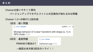 まとめ
Chainerは使いやすくて便利
Chainer 1.3への移行に2回失敗
1回目：値に問題
2回目：速度問題
PR#499で解決か?
→確認出来次第3回目のトライ！！
バージョンアップでモデルファイルの互換性が崩れるのは問題
 