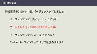 今日の発表
弊社環境をChainer 1.5にバージョンアップしました
バージョンアップでハマったところは？
バージョンアップで良くなったところは?
バージョンアップで悪くなったところは?
Chainerバージョンアップはどの程度のタスク？
 