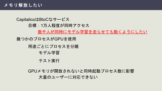 メモリ解放したい
幾つかのプロセスがGPUを使用
GPUメモリが開放されないと同時起動プロセス数に影響
用途ごとにプロセスを分離
モデル学習
テスト実行
大量のユーザーに対応できない
CapitalicoはBtoCなサービス
目標：1万人程度が同時アクセス
数千人が同時にモデル学習を走らせても動くようにしたい
 