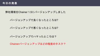 今日の発表
弊社環境をChainer 1.5にバージョンアップしました
バージョンアップでハマったところは？
バージョンアップで良くなったところは?
バージョンアップで悪くなったところは?
Chainerバージョンアップはどの程度のタスク？
 