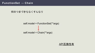 FunctionSet → Chain
何のつまづきもなくすんなり
self.model = FunctionSet(**args)
self.model = Chain(**args)
API互換性有
 