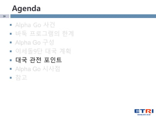 28
Agenda
 Alpha Go 사건
 바둑 프로그램의 한계
 Alpha Go 구성
 이세돌9단 대국 계획
 대국 관전 포인트
 Alpha Go 시사점
 참고
 