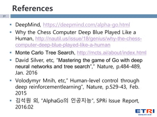 37
References
 DeepMind, https://deepmind.com/alpha-go.html
 Why the Chess Computer Deep Blue Played Like a
Human, http://nautil.us/issue/18/genius/why-the-chess-
computer-deep-blue-played-like-a-human
 Monte Carlo Tree Search, http://mcts.ai/about/index.html
 David Silver, etc, “Mastering the game of Go with deep
neural networks and tree search”,” Nature, p.484-489,
Jan. 2016
 Volodymyr Mnih, etc,” Human-level control through
deep reinforcementlearning”, Nature, p.529-43, Feb.
2015
 김석원 외, “AlphaGo의 인공지능”, SPRi Issue Report,
2016.02
 