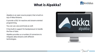 What is Alpakka?
.
Alpakka is an open source project, that is built on
top of Akka-Streams.
It provide a DSL for reactive and stream-oriented
programming.
You can use Java and Scala as well.
It has built-in support for backpressure to handle
the ﬂow of data.
Alpakka provides us a number of connectors to
integrate akka-streams with different
technologies.
Insert Your Subtitle Here
 