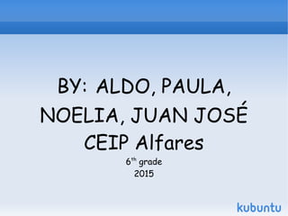 BY: ALDO, PAULA,
NOELIA, JUAN JOSÉ
CEIP Alfares
6th
grade
2015