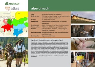 112
alpe ornach
alpe ornach
Alpe Ornach - Rientro delle mandrie dall‘alpeggio in Algovia
L’Alpe Ornach si trova in Algovia ed è una malga dedita alla produzione casearia:
l’intera attività d’alpeggio ruota intorno alla produzione dell’Allgäuer Bergkäse, il tra-
dizionale formaggio di montagna dell‘Algovia. Un malgaro e un pastore si occupano
delle vacche e del caseificio. Circa la metà del formaggio viene venduto direttamente
in loco agli escursionisti, che si fermano volentieri alla malga per uno spuntino. Ven-
gono munte in malga un totale di 40 vacche da latte. Con il siero di latte che avanza
dalla produzione del formaggio vengono alimentati circa 20 suini d’alpeggio, la cui
carne è considerata una prelibatezza. In una zona separata vengono tenuti al pas-
colo circa 120 bovini giovani, accuditi da un pastore. Dopo una bella estate sull’alpe,
in autunno il malgaro e i pastori possono tornare in valle con gli animali adornati di
corone di fiori e nastri e godersi la Viehscheid, la festa per il rientro delle mandrie
dall’alpeggio.
Lage:	 Nördlich von Oberstdorf bei Bolsterlang
Größe der Alm:	 175 Hektar (mit Alpe Hinteregg, wo das Jungvieh steht),
	 davon 122 ha digitalisierte Lichtweide
Seehöhe:	 ca. 1100 bis 1670 m ü.NN
Infrastruktur:	 Stall mit Sennerei und eigener Stall für Jungrinder,
	Alpausschank
Erreichbarkeit:	 Alpe ist erschlossen, in der Nähe eine Seilbahnstation
Auftriebszahlen:	 44 Milchkühe, 120 Stück Jungvieh, 20 Schweine
Produkte:	 Butter, Schnittkäse, Weichkäse, 5 500 kg Bergkäse,
	 Aufzucht von Jungrindern
Besitzverhältnisse: Genossenschaftsalpe der Wald- und Weidegenossen
	 schaft Bolsterlang
Bewirtschafter:	 Alpgenossenschaft Ornach
A
B
C
D
atlasalm
alp
 