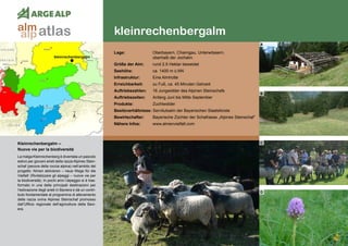 126
kleinrechenbergalm
kleinrechenbergalm
Kleinrechenbergalm – 	
Nuove vie per la biodiversità
La malga Kleinrechenberg è diventata un pascolo
estivo per giovani arieti della razza Alpines Stein-
schaf (pecora della roccia alpina) nell’ambito del
progetto ‘Almen aktivieren – neue Wege für die
Vielfalt’ (Rivitalizzare gli alpeggi – nuove vie per
la biodiversità). In pochi anni l’alpeggio si è tras-
formato in una delle principali destinazioni per
l’estivazione degli arieti in Baviera e dà un contri-
buto fondamentale al programma di allevamento
della razza ovina Alpines Steinschaf promosso
dall’Ufficio regionale dell’agricoltura della Bavi-
era.
Lage:	 Oberbayern, Chiemgau, Unterwössern,
	 oberhalb der Jochalm
Größe der Alm:	 rund 2.5 Hektar beweidet
Seehöhe:	 ca. 1400 m ü.NN
Infrastruktur:	 Eine Almhütte
Erreichbarkeit:	 zu Fuß, ca. 45 Minuten Gehzeit
Auftriebszahlen:	 16 Jungwidder des Alpinen Steinschafs
Auftriebszeiten: 	 Anfang Juni bis Mitte September
Produkte:	Zuchtwidder
Besitzverhältnisse: Servitutsalm der Bayerischen Staatsforste
Bewirtschafter:	 Bayerische Züchter der Schafrasse „Alpines Steinschaf“
Nähere Infos:	www.almenvielfalt.com
A
B
C
D
atlasalm
alp
 