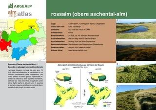 152
rossalm (obere aschental-alm)
rossalm
Rossalm (Obere Aschental-Alm) - 	
Quando un alpeggio viene abbandonato
La malga Rossalm è chiusa dai primi anni ‚70
e gli effetti dell’abbandono si manifestano in un
radicale cambiamento della vegetazione: uno
strato spesso di humus grezzo superficiale im-
pedisce la crescita di erbe e piante aromatiche,
soffocate da erbe stolonifere, magaforbie (erbe
alte a foglie larghe) e arbusti nani. In assenza
di animali al pascolo proliferano anche gli alberi,
soprattutto pini mughi e ontano verde.
(nach WUTTEJ 2011)
Lage:	 Oberbayern, Chiemgauer Alpen, Geigelstein
Größe der Alm:	 rund 19 Hektar
Seehöhe:	 ca. 1500 bis 1600 m ü.NN
Infrastruktur:	keine
Erreichbarkeit:	 zu Fuß, ca. 45 Minuten Anmarschzeit
Auftriebszahlen:	 die Alm liegt seit 50 Jahren brach
Auftriebszeiten: 	 Anfang Juni bis Mitte September
Besitzverhältnisse: Servitutsalm der Bayerischen Staatsforste
Bewirtschafter:	 derzeit nicht bewirtschaftet
Nähere Infos:	www.almenvielfalt.com
A
B
C
D
atlasalm
alp
 