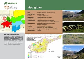 158
alpe gibau
alpe gibau
Alpe Gibau - Dissapori tra vicini
L‘Alpe Gibau è un habitat importante per molte
specie di uccelli preziose per la conservazione
dell‘ambiente, come il fagiano di monte e la per-
nice bianca alpina. La decisione di tenere pecore
al pascolo inizialmente ha portato a conflitti tra i
diversi soggetti interessati, che sono stati supe-
rati solo dopo approfondite verifiche e la determi-
nazione dell’effettiva intensità di pascolo.
Auf der Karte sind die Birkhuhn-Lebensräume blau umrandet, die Hauptvorkom-
men des Alpenschneehuhns sind lila umrandet. Die Karte zeigt, dass diese Berei-
che großteils kaum bzw. sehr extensiv				
beweidet werden. Das 	
Konfliktpotenzial ist 	
dementsprechend gering.
Lage:	 Vorarlberg, Montafon, Verwall, Gaschurn
Größe der Alm:	 rund 896 Hektar
Seehöhe:	 ca. 1800 bis 2600 m ü.NN
Infrastruktur:	 5 Alpgebäude (Hütten mit Ställen)
Erreichbarkeit:	 mit PKW
Auftriebszahlen:	 12 Milchkühe, 4 Mutterkühe mit Kälber
	 ca. 90 Jungrinder, 13 Ziegen mit Kitz, 570 Schafe
Auftriebszeiten: 	 Anfang Mai (Schafe) Ende Juni (Rinder)
	 bis Anfang September
Produkte:	 Milch und Butter für die Ausschank,
	 Ziegenmilch – für Kitze, Schaffleisch
Besitzverhältnisse: Agrargemeinschaft Alpengenossenschaft Gibau
Bewirtschafter:	 = Besitzer
A
B
C
D
atlasalm
alp
 