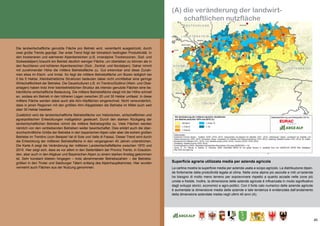 45
(A) die veränderung der landwirt-
schaftlichen nutzfläche
Die landwirtschaftliche genutzte Fläche pro Betrieb wird, vereinfacht ausgedrückt, durch
zwei große Trends geprägt. Der erste Trend folgt der klimatisch bedingten Produktivität. In
den trockeneren und wärmeren Alpenbereichen (z.B. inneralpine Trockenzonen, Süd- und
Südwestalpen) braucht ein Betrieb deutlich weniger Fläche, um überleben zu können als in
den feuchteren und kühleren Alpenbereichen (Süd-, Zentral- und Nordalpen). Daher nimmt
mit zunehmender Höhe die mittlere Betriebsfläche zu. Gut erkennbar sind diese Zunah-
men etwa im Etsch- und Inntal. So liegt die mittlere Betriebsfläche um Bozen lediglich bei
0 bis 5 Hektar. Kleinbetriebliche Strukturen bedeuten dabei nicht unmittelbar eine geringe
Wirtschaftlichkeit der Betriebe. Die Dauerkulturen z.B. im Trentino/Südtirol (Wein- und Obst-
anlagen) haben trotz ihrer kleinbetrieblichen Struktur als intensiv genutzte Flächen eine be-
trächtliche wirtschaftliche Bedeutung. Die mittlere Betriebsfläche steigt mit der Höhe schnell
an, sodass ein Betrieb in den höheren Lagen zwischen 20 und 30 Hektar umfasst. In diese
mittlere Fläche werden dabei auch alle Alm-/Alpflächen eingerechnet. Nicht verwunderlich,
dass in jenen Regionen mit den größten Alm-/Alpgebieten die Betriebe im Mittel auch weit
über 30 Hektar besitzen.
Zusätzlich wird die landwirtschaftliche Betriebsfläche von historischen, wirtschaftlichen und
agrarpolitischen Entwicklungen maßgeblich gesteuert. Durch den starken Rückgang der
landwirtschaftlichen Betriebe nimmt die mittlere Betriebsgröße zu. Viele Flächen werden
nämlich von den verbleibenden Betrieben weiter bewirtschaftet. Dies erklärt auch die über-
durchschnittliche Größe der Betriebe in den bayerischen Alpen oder aber die extrem großen
Betriebe im Trentino (zum Beispiel Val di Sole und Valle di Fassa). Dieser Trend wird durch
die Entwicklung der mittleren Betriebsfläche in den vergangenen 40 Jahren unterstrichen.
Die Karte A zeigt die Veränderung der mittleren Landwirtschaftsfläche zwischen 1970 und
2010. Hier zeigt sich, dass es vor allem in den Seitentälern der Provinz Trento, in Graubün-
den, aber auch in den Allgäuer und Bayerischen Alpen zu einem starken Anstieg gekommen
ist. Sehr konstant blieben hingegen – trotz abnehmender Betriebszahlen – die Betriebs-
größen in den Tiroler und Salzburger Tälern entlang des Alpenhauptkammes. Hier wurden
vermehrt auch Flächen aus der Nutzung genommen.
Superficie agraria utilizzata media per azienda agricola
La cartina mostra la superficie media per azienda usata a scopo agricolo. La distribuzione dipen-
de fortemente dalla produttività legata al clima. Nelle zone alpine più asciutte e miti un‘azienda
ha bisogno di molto meno terreno per sopravvivere rispetto a quanto accade nelle zone più
umide e fredde. Inoltre, la dimensione delle aziende agricole è influenzata in modo significativo
dagli sviluppi storici, economici e agro-politici. Con il forte calo numerico delle aziende agricole
è aumentata la dimensione media delle aziende e tale tendenza è evidenziata dall’andamento
della dimensione aziendale media negli ultimi 40 anni (A).
 