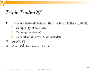 Triple Trade-Off There is a trade-off between three factors (Dietterich, 2003): Complexity of  H , c  ( H ), Training set size,  N,  Generalization error,  E , on new data As  N  E  As  c  ( H )  first  E  and then  E  