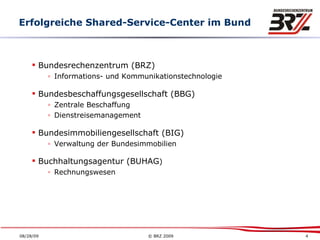 Erfolgreiche Shared-Service-Center im Bund Bundesrechenzentrum (BRZ)   Informations- und Kommunikationstechnologie Bundesbeschaffungsgesellschaft (BBG) Zentrale Beschaffung Dienstreisemanagement Bundesimmobiliengesellschaft (BIG) Verwaltung der Bundesimmobilien Buchhaltungsagentur (BUHAG ) Rechnungswesen 