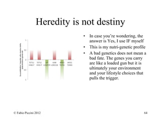 Heredity is not destiny 
• In case you’re wondering, the 
answer is Yes, I use IF myself 
• This is my nutri-genetic profile 
• A bad genetics does not mean a 
bad fate. The genes you carry 
are like a loaded gun but it is 
ultimately your environment 
and your lifestyle choices that 
pulls the trigger. 
© Fabio Piccini 2012 64 
 