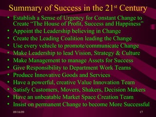 Summary of Success in the 21 st  Century Establish a Sense of Urgency for Constant Change to Create “The House of Profit, Success and Happiness” Appoint the Leadership believing in Change Create the Leading Coalition leading the Change Use every vehicle to promote/communicate Change Make Leadership to lead Vision, Strategy & Culture Make Management to manage Assets for Success Give Responsibility to Department Work Teams Produce Innovative Goods and Services Have a powerful, creative Value Innovation Team Satisfy Customers, Movers, Shakers, Decision Makers Have an unbeatable Market Space Creation Team Insist on permanent Change to become More Successful 