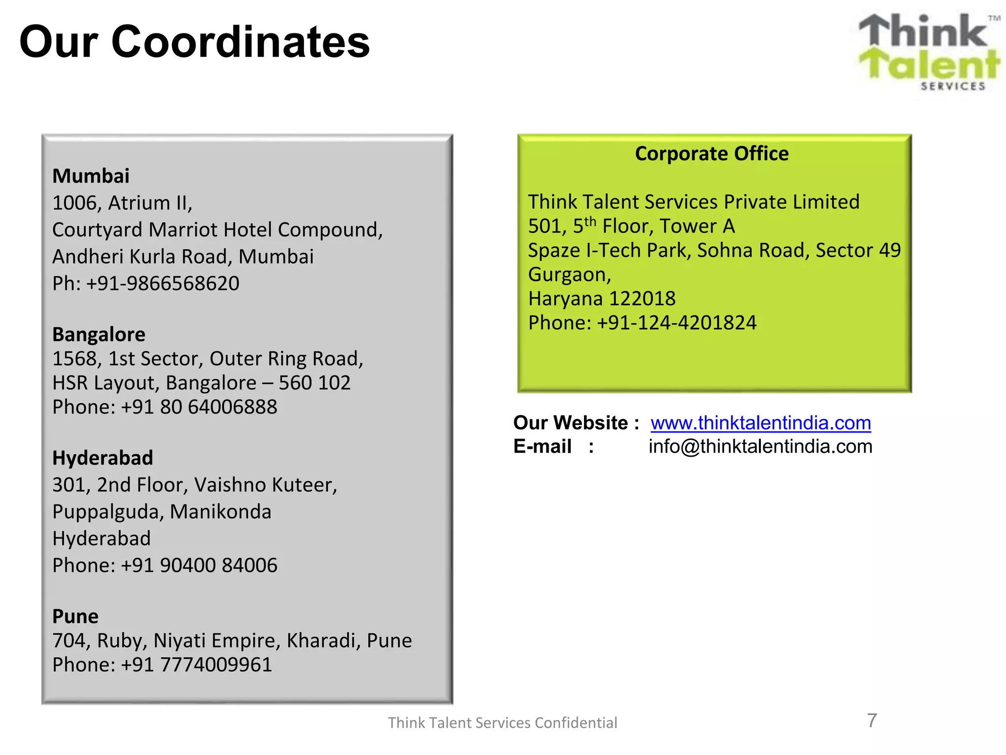 Think Talent Services Confidential 7
Mumbai
1006, Atrium II,
Courtyard Marriot Hotel Compound,
Andheri Kurla Road, Mumbai
Ph: +91-9866568620
Bangalore
1568, 1st Sector, Outer Ring Road,
HSR Layout, Bangalore – 560 102
Phone: +91 80 64006888
Hyderabad
301, 2nd Floor, Vaishno Kuteer,
Puppalguda, Manikonda
Hyderabad
Phone: +91 90400 84006
Pune
704, Ruby, Niyati Empire, Kharadi, Pune
Phone: +91 7774009961
Our Coordinates
Our Website : www.thinktalentindia.com
E-mail : info@thinktalentindia.com
Corporate Office
Think Talent Services Private Limited
501, 5th Floor, Tower A
Spaze I-Tech Park, Sohna Road, Sector 49
Gurgaon,
Haryana 122018
Phone: +91-124-4201824
 