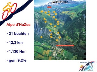 Alpe d’HuZes 
• 21 bochten 
• 12,3 km 
• 1.130 Hm 
• gem 9,2% 
 