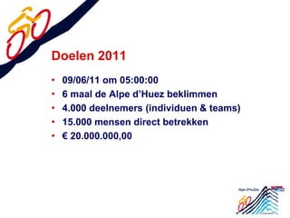 Doelen 2011 
• 09/06/11 om 05:00:00 
• 6 maal de Alpe d’Huez beklimmen 
• 4.000 deelnemers (individuen & teams) 
• 15.000 ...
