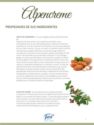 9
PROPIEDADES DE SUS INGREDIENTES
ACEITE DE ALMENDRAS - Prunus Amygdalus Dulcis (Sweet Almond)
Oil
Originario de Asia central, hoy el árbol de almendras crece
principalmente en la zona del mediterráneo y California. El árbol de
almendras es uno de los primeros en florecer en la primavera después
de los crudos inviernos. Incluso, en Israel, es tradición comer frutos de
almendra para celebrar B’Shevat, una fiesta de origen folklórico
asociada con el comienzo de la primavera donde se festejaba el “año
nuevo” de los árboles que comenzaban a florecer. En la mitología
griega, se cuenta que Demophon, rey de Grecia y casado con Phyllis
tuvo que dejarla al día siguiente de su boda para pelear la Guerra de
Troya. Phyllis lo esperó día tras día y ya perdidas las esperanzas de su
retorno y creyéndose olvidada por su marido se suicidó. Se dice que
árbol de almendras creció donde ella fue enterrada y que cuando
Demophon se enteró y volvió a Grecia tras la muerte de Phyllis,
desesperado abrazó el tronco del árbol y mágicamente éste floreció
dando bellísimas flores blancas y rosadas. El aceite de almendras es
uno de los ingredientes más neutros y anti alergénicos que existen.
Rico en vitaminas (especialmente vitamina D) y nutrientes, es el aceite
perfecto para un masaje relajante y restaurador.
ACEITE DE JOJOBA - Simmondsia Chinensis (Jojoba) Seed Oil
La jojoba es un arbusto que crece en las regiones secas del norte de
México y el suroeste de Estados Unidos. El aceite de jojoba proviene
de las semillas y contiene vitaminas esenciales para la piel como la
vitamina B, E y minerales clave como el zinc y el cobre.
El aceite de jojoba ayuda a retener la humedad en la piel,
manteniendo la piel hidratada y con un aspecto fresco.
 