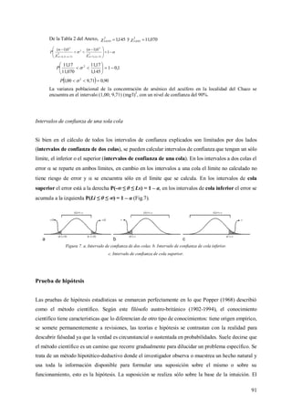 91
De la Tabla 2 del Anexo, 145,12
95.0;5  y 070,112
05.0;5 



 








 



1
)1()1(
2
)2/(),1(
2
2
2
)2/1(),1(
2
nn
SnSn
P
1,01
145,1
17,11
070,11
17,11 2






 P
  90,071,900,1 2
 P
La varianza poblacional de la concentración de arsénico del acuífero en la localidad del Chaco se
encuentra en el intervalo (1,00; 9,71) (mg/l)2
, con un nivel de confianza del 90%.
Intervalos de confianza de una sola cola
Si bien en el cálculo de todos los intervalos de confianza explicados son limitados por dos lados
(intervalos de confianza de dos colas), se pueden calcular intervalos de confianza que tengan un sólo
límite, el inferior o el superior (intervalos de confianza de una cola). En los intervalos a dos colas el
error  se reparte en ambos límites, en cambio en los intervalos a una cola el límite no calculado no
tiene riesgo de error y  se encuentra sólo en el límite que se calcula. En los intervalos de cola
superior el error está a la derecha P(- ≤ θ ≤ Ls) = 1 – α, en los intervalos de cola inferior el error se
acumula a la izquierda P(Li ≤ θ ≤ ) = 1 – α (Fig.7).
Figura 7. a. Intervalo de confianza de dos colas. b. Intervalo de confianza de cola inferior.
c. Intervalo de confianza de cola superior.
Prueba de hipótesis
Las pruebas de hipótesis estadísticas se enmarcan perfectamente en lo que Popper (1968) describió
como el método científico. Según este filósofo austro-británico (1902-1994), el conocimiento
científico tiene características que lo diferencian de otro tipo de conocimientos: tiene origen empírico,
se somete permanentemente a revisiones, las teorías e hipótesis se contrastan con la realidad para
descubrir falsedad ya que la verdad es circunstancial o sustentada en probabilidades. Suele decirse que
el método científico es un camino que recorre gradualmente para dilucidar un problema específico. Se
trata de un método hipotético-deductivo donde el investigador observa o muestrea un hecho natural y
usa toda la información disponible para formular una suposición sobre el mismo o sobre su
funcionamiento, esto es la hipótesis. La suposición se realiza sólo sobre la base de la intuición. El
 