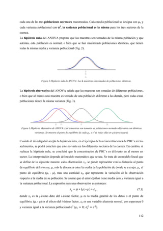112
cada una de las tres poblaciones normales muestreadas. Cada media poblacional se designa con i, y
cada varianza poblacional con 2
, la varianza poblacional es la misma para los tres sectores de la
cuenca.
La hipótesis nula del ANOVA propone que las muestras son tomadas de la misma población y que
además, esta población es normal, o bien que se han muestreado poblaciones idénticas, que tienen
todas la misma media y varianza poblacional (Fig. 2).
Figura 2.Hipótesis nula de ANOVA: Las k muestras son tomadas de poblaciones idénticas.
La hipótesis alternativa del ANOVA señala que las muestras son tomadas de diferentes poblaciones,
o bien que al menos una muestra es tomada de una población diferente a las demás, pero todas estas
poblaciones tienen la misma varianza (Fig. 3).
Figura 3.Hipótesis alternativa de ANOVA: Las k muestras son tomadas de poblaciones normales diferentes con idénticas
varianzas. Se muestra el punto de equilibrio de cada .i y el de todas ellas en  (curva negra).
Cuando el investigador acepta la hipótesis nula, en el ejemplo de las concentraciones de PBC´s en los
sedimentos, se podrá concluir que este no varía en los diferentes sectores de la cuenca. En cambio, si
rechaza la hipótesis nula, se concluirá que la concentración de PBC´s es diferente en al menos un
sector. La interpretación depende del modelo matemático que se usa. Se trata de un modelo lineal que
se define de la siguiente manera: cada observación xij, se puede representar con la distancia al punto
de equilibrio del sistema, , más la distancia entre la media de la población de donde se extrajo, i, al
punto de equilibrio (i - ), mas una cantidad ij, que representa la variación de la observación
respecto a la media de su población. Se asume que el error épsilon tiene media cero y varianza igual a
la varianza poblacional. La expresión para una observación es entonces:
ijiijx   )( , (7.1)
donde xij es la j-ésimo dato del i-ésimo factor,  es la media general de los datos o el punto de
equilibrio, (i - ) es el efecto del i-ésimo factor, ij es una variable aleatoria normal, con esperanza 0
y varianza igual a la varianza poblacional 2
( ).
 