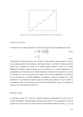135
Figura 2. Los datos de esta figura muestran la relación lineal de Y en función de X.
Coeficiente de regresión
La expresión 8.14 se utiliza para calcular el coeficiente de regresión que es la pendiente de la recta.
(8.14)
ó
x
y
S
S
rb 
(8.15)
El numerador de b puede ser positivo, cero o negativo, el denominador es siempre positivo, y el valor
de la pendiente puede estar, teóricamente, entre menos infinito y más infinito. Pendientes positivas
indican que al aumentar los valores de la variable también aumenta el valor de la variable
dependiente. Pendientes negativas señalan que los incrementos de la variable independiente van
acompañados por decrecimientos de la variable dependiente. Cuando la recta es paralela al eje de las
X, la pendiente es cero lo que muestra que los cambios de la variable independiente no se relaciona
con las variaciones de la variable dependiente. La pendiente se expresa en unidades de X sobre
unidades de Y. El coeficiente de regresión expresa el cambio que se produce en Y con el cambio de
una unidad de X (Fig. 3). Cuanto mayor es el valor absoluto de la pendiente, mayor es la magnitud del
cambio de Y por cada unidad de cambio de X.
Ordenada al origen
La ordenada al origen es el valor de la variable dependiente correspondiente al valor cero de la
variable independiente. Matemáticamente se prueba que el punto e se encuentran en la recta de
regresión que mejor se ajusta a los datos, entonces se puede sustituir ambos los valores Xi,j e Yi,j en la
 