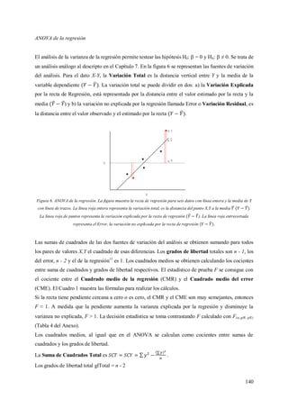 140
ANOVA de la regresión
El análisis de la varianza de la regresión permite testear las hipótesis H0:  = 0 y HA:  ≠ 0. Se trata de
un análisis análogo al descripto en el Capítulo 7. En la figura 6 se representan las fuentes de variación
del análisis. Para el dato X-Y, la Variación Total es la distancia vertical entre Y y la media de la
variable dependiente . La variación total se puede dividir en dos: a) la Variación Explicada
por la recta de Regresión, está representada por la distancia entre el valor estimado por la recta y la
media ) y b) la variación no explicada por la regresión llamada Error o Variación Residual, es
la distancia entre el valor observado y el estimado por la recta .
Figura 6. ANOVA de la regresión. La figura muestra la recta de regresión para seis datos con línea entera y la media de Y
con línea de trazos. La línea roja entera representa la variación total, es la distancia del punto X,Y a la media .
La línea roja de puntos representa la variación explicada por la recta de regresión ). La línea roja entrecortada
representa el Error, la variación no explicada por la recta de regresión .
Las sumas de cuadrados de las dos fuentes de variación del análisis se obtienen sumando para todos
los pares de valores X,Y el cuadrado de esas diferencias. Los grados de libertad totales son n - 1, los
del error, n - 2 y el de la regresión15
es 1. Los cuadrados medios se obtienen calculando los cocientes
entre suma de cuadrados y grados de libertad respectivos. El estadístico de prueba F se consigue con
el cociente entre el Cuadrado medio de la regresión (CMR) y el Cuadrado medio del error
(CME). El Cuadro 1 muestra las fórmulas para realizar los cálculos.
Si la recta tiene pendiente cercana a cero o es cero, el CMR y el CME son muy semejantes, entonces
F ≈ 1. A medida que la pendiente aumenta la varianza explicada por la regresión y disminuye la
varianza no explicada, F > 1. La decisión estadística se toma contrastando F calculado con F(,,glR, glE)
(Tabla 4 del Anexo).
Los cuadrados medios, al igual que en el ANOVA se calculan como cocientes entre sumas de
cuadrados y los grados de libertad.
La Suma de Cuadrados Total es .
Los grados de libertad total glTotal = n - 2
 