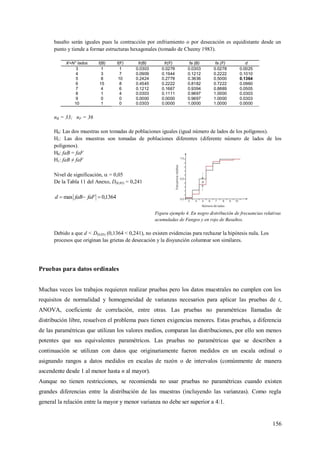 156
basalto serán iguales pues la contracción por enfriamiento o por desecación es equidistante desde un
punto y tiende a formar estructuras hexagonales (tomado de Cheeny 1983).
X=N° lados f(B) f(F) fr(B) fr(F) fa (B) fa (F) d
3 1 1 0.0303 0.0278 0.0303 0.0278 0.0025
4 3 7 0.0909 0.1944 0.1212 0.2222 0.1010
5 8 10 0.2424 0.2778 0.3636 0.5000 0.1364
6 15 8 0.4545 0.2222 0.8182 0.7222 0.0960
7 4 6 0.1212 0.1667 0.9394 0.8889 0.0505
8 1 4 0.0303 0.1111 0.9697 1.0000 0.0303
9 0 0 0.0000 0.0000 0.9697 1.0000 0.0303
10 1 0 0.0303 0.0000 1.0000 1.0000 0.0000
nB = 33; nF = 36
H0: Las dos muestras son tomadas de poblaciones iguales (igual número de lados de los polígonos).
H1: Las dos muestras son tomadas de poblaciones diferentes (diferente número de lados de los
polígonos).
H0: faB = faF
H1: faB ≠ faF
Nivel de significación,  = 0,05
De la Tabla 11 del Anexo, D(0,05) = 0,241
1364,0max  faFfaBd
Figura ejemplo 4. En negro distribución de frecuencias relativas
acumuladas de Fangos y en rojo de Basaltos.
Debido a que d < D(0,05) (0,1364 < 0,241), no existen evidencias para rechazar la hipótesis nula. Los
procesos que originan las grietas de desecación y la disyunción columnar son similares.
Pruebas para datos ordinales
Muchas veces los trabajos requieren realizar pruebas pero los datos muestrales no cumplen con los
requisitos de normalidad y homogeneidad de varianzas necesarios para aplicar las pruebas de t,
ANOVA, coeficiente de correlación, entre otras. Las pruebas no paramétricas llamadas de
distribución libre, resuelven el problema pues tienen exigencias menores. Estas pruebas, a diferencia
de las paramétricas que utilizan los valores medios, comparan las distribuciones, por ello son menos
potentes que sus equivalentes paramétricos. Las pruebas no paramétricas que se describen a
continuación se utilizan con datos que originariamente fueron medidos en un escala ordinal o
asignando rangos a datos medidos en escalas de razón o de intervalos (comúnmente de manera
ascendente desde 1 al menor hasta n al mayor).
Aunque no tienen restricciones, se recomienda no usar pruebas no paramétricas cuando existen
grandes diferencias entre la distribución de las muestras (incluyendo las varianzas). Como regla
general la relación entre la mayor y menor varianza no debe ser superior a 4:1.
 
