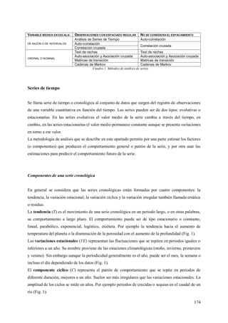 174
VARIABLE MEDIDA EN ESCALA: OBSERVACIONES CON ESPACIADO REGULAR NO SE CONSIDERA EL ESPACIAMIENTO
DE RAZÓN O DE INTERVALOS
Análisis de Series de Tiempo Auto-correlación
Auto-correlación
Correlación cruzada
Correlación cruzada
ORDINAL O NOMINAL
Test de rachas Test de rachas
Auto-asociación y Asociación cruzada Auto-asociación y Asociación cruzada
Matrices de transición Matrices de transición
Cadenas de Markov Cadenas de Markov
Cuadro 1. Métodos de análisis de series.
Series de tiempo
Se llama serie de tiempo o cronológica al conjunto de datos que surgen del registro de observaciones
de una variable cuantitativa en función del tiempo. Las series pueden ser de dos tipos: evolutivas o
estacionarias. En las series evolutivas el valor medio de la serie cambia a través del tiempo, en
cambio, en las series estacionarias el valor medio permanece constante aunque se presenta variaciones
en torno a ese valor.
La metodología de análisis que se describe en este apartado permite por una parte estimar los factores
(o componentes) que producen el comportamiento general o patrón de la serie, y por otra usar las
estimaciones para predecir el comportamiento futuro de la serie.
Componentes de una serie cronológica
En general se considera que las series cronológicas están formadas por cuatro componentes: la
tendencia, la variación estacional, la variación cíclica y la variación irregular también llamada errática
o residuo.
La tendencia (T) es el movimiento de una serie cronológica en un periodo largo, o en otras palabras,
su comportamiento a largo plazo. El comportamiento puede ser de tipo estacionario o constante,
lineal, parabólico, exponencial, logístico, etcétera. Por ejemplo la tendencia hacia el aumento de
temperatura del planeta o la disminución de la porosidad con el aumento de la profundidad (Fig. 1).
Las variaciones estacionales (VE) representan las fluctuaciones que se repiten en periodos iguales o
inferiores a un año. Su nombre proviene de las estaciones climatológicas (otoño, invierno, primavera
y verano). Sin embargo aunque la periodicidad generalmente es el año, puede ser el mes, la semana o
incluso el día dependiendo de los datos (Fig. 1).
El componente cíclico (C) representa el patrón de comportamiento que se repite en periodos de
diferente duración, mayores a un año. Suelen ser más irregulares que las variaciones estacionales. La
amplitud de los ciclos se mide en años. Por ejemplo periodos de crecidas o sequias en el caudal de un
río (Fig. 1).
 