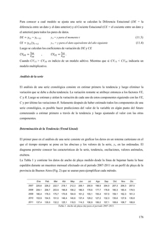 176
Para conocer a cual modelo se ajusta una serie se calculan la Diferencia Estacional (DE = la
diferencia entre un dato y el dato anterior) y el Cociente Estacional (CE = el cociente entre un dato y
el anterior) para todos los pares de datos.
yi,t = y para el momento t (11.3)
yt-1 = y para el dato equivalente del año siguiente (11.4)
Luego se calculan los coeficientes de variación de DE y CE
, .
Cuando CVCE > CVDE es indicio de un modelo aditivo. Mientras que si CVCE < CVDE indicaría un
modelo multiplicativo.
Análisis de la serie
El análisis de una serie cronológica consiste en estimar primero la tendencia y luego eliminar la
variación que se debe a dicha tendencia. La variación restante se atribuye entonces a los factores VE,
C y R. Luego se estiman y aíslan la variación de cada uno de estos componentes siguiendo con las VE,
C y por último las variaciones R. Solamente después de haber estimado todos los componentes de una
serie cronológica, es posible hacer predicciones del valor de la variable en algún punto del futuro
comenzando a estimar primero a través de la tendencia y luego ajustando el valor con las otras
componentes.
Determinación de la Tendencia (Trend Lineal)
El primer paso en el análisis de una serie consiste en graficar los datos en un sistema cartesiano en el
que el tiempo siempre se pone en las abscisas y los valores de la serie, yt, en las ordenadas. El
diagrama permite conocer las características de la serie, tendencia, oscilaciones, valores anómalos,
etcétera.
La Tabla 1 y contiene los datos de ancho de playa medido desde la línea de bajamar hasta la base
espaldón durante un muestreo mensual efectuado en el periodo 2007-2011 en un perfil de playa de la
provincia de Buenos Aires (Fig. 2) que se usaran para ejemplificar cada método.
Ene. Feb. Mar. Abr. May. Jun. Jul. Ago. Sep. Oct. Nov. Dic.
2007 225,6 226,2 222,7 218,1 212,3 209,1 200,9 198,9 204,0 207,3 209,3 207,5
2008 209,1 206,7 203,9 196,8 190,2 186,0 178,6 177,7 178,8 180,3 180,4 178,5
2009 180,4 178,3 175,7 170,8 164,9 161,2 155,1 155,4 157,0 159,1 162,3 161,3
2010 153,9 154,5 151,0 146,4 140,6 137,4 129,2 127,2 132,3 135,6 137,6 135,8
2011 137,4 135,0 132,2 125,1 118,5 114,3 106,9 106,0 107,1 108,6 108,7 106,8
Tabla 1. Ancho de playa (m) para el periodo 2007-2011.
 