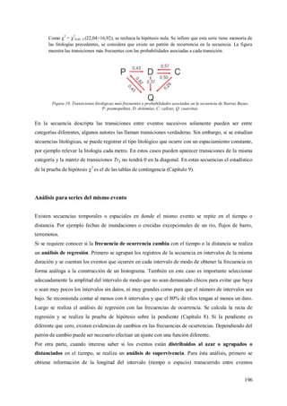 196
Como 2
> 2
0,05; 9 (22,04>16,92), se rechaza la hipótesis nula. Se infiere que esta serie tiene memoria de
las litologías precedentes, se considera que existe un patrón de recurrencia en la secuencia. La figura
muestra las transiciones más frecuentes con las probabilidades asociadas a cada transición.
Figura 10. Transiciones litológicas más frecuentes y probabilidades asociadas en la secuencia de Sierras Bayas.
P: psamopelitas, D: dolomías, C: calizas, Q: cuarcitas.
En la secuencia descripta las transiciones entre eventos sucesivos solamente pueden ser entre
categorías diferentes, algunos autores las llaman transiciones verdaderas. Sin embargo, si se estudian
secuencias litológicas, se puede registrar el tipo litológico que ocurre con un espaciamiento constante,
por ejemplo relevar la litología cada metro. En estos casos pueden aparecer transiciones de la misma
categoría y la matriz de transiciones Trij no tendrá 0 en la diagonal. En estas secuencias el estadístico
de la prueba de hipótesis 2
es el de las tablas de contingencia (Capítulo 9).
Análisis para series del mismo evento
Existen secuencias temporales o espaciales en donde el mismo evento se repite en el tiempo o
distancia. Por ejemplo fechas de inundaciones o crecidas excepcionales de un río, flujos de barro,
terremotos.
Si se requiere conocer si la frecuencia de ocurrencia cambia con el tiempo o la distancia se realiza
un análisis de regresión. Primero se agrupan los registros de la secuencia en intervalos de la misma
duración y se cuentan los eventos que ocurren en cada intervalo de modo de obtener la frecuencia en
forma análoga a la construcción de un histograma. También en este caso es importante seleccionar
adecuadamente la amplitud del intervalo de modo que no sean demasiado chicos para evitar que haya
o sean muy pocos los intervalos sin datos, ni muy grandes como para que el número de intervalos sea
bajo. Se recomienda contar al menos con 6 intervalos y que el 80% de ellos tengan al menos un dato.
Luego se realiza el análisis de regresión con las frecuencias de ocurrencia. Se calcula la recta de
regresión y se realiza la prueba de hipótesis sobre la pendiente (Capítulo 8). Si la pendiente es
diferente que cero, existen evidencias de cambios en las frecuencias de ocurrencias. Dependiendo del
patrón de cambio puede ser necesario efectuar un ajuste con una función diferente.
Por otra parte, cuando interesa saber si los eventos están distribuidos al azar o agrupados o
distanciados en el tiempo, se realiza un análisis de supervivencia. Para ésta análisis, primero se
obtiene información de la longitud del intervalo (tiempo o espacio) transcurrido entre eventos
 