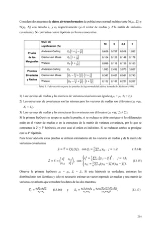 214
Considere dos muestras de datos alr-transformados de poblaciones normal multivariante N(1, 1) y
N(2, 2) con tamaño n1 y n2 respectivamente ( el vector de medias y  la matriz de varianza-
covarianza). Se contrastan cuatro hipótesis en forma consecutiva:
Nivel de
significación (%)
10 5 2,5 1
Prueba
de los
Marginales
Anderson-Darling 0,656 0,787 0,918 1,092
Cramer-von Mises 0,104 0,126 0,148 0,178
Watson 0,096 0,116 0,136 0,163
Pruebas
Bivariadas
y Radius
Anderson-Darling 1,933 2,492 3,070 3,857
Cramer-von Mises 0,347 0,461 0,581 0,743
Watson 0,152 0,187 0,221 0,267
Tabla 1. Valores críticos para las pruebas de log-normalidad aditiva (tomado de Aitchison 1986).
1) Los vectores de medias y las matrices de varianza-covarianza son iguales (1 = 1, 1 = 2).
2) Las estructuras de covarianzas son las mismas pero los vectores de medias son diferentes (1  2,
1 = 2).
3) Los vectores de medias y las estructuras de covarianzas son diferentes (1  2, 1 ≠ 2).
Si la primera hipótesis se acepta se acaba la prueba, si se rechaza se debe averiguar si las diferencias
están en el vector de medias o en la estructura de la matriz de varianza-covarianza, por lo que se
contrastan la 2º y 3º hipótesis, en este caso el orden es indistinto. Si se rechazan ambas se prosigue
con la 4º hipótesis.
Para llevar adelante estas pruebas se utilizan estimadores de los vectores de medias y de la matriz de
varianzas-covarianzas
(13.14)
(13.15)
Observe la primera hipótesis 1 = 1, 1 = 2. Si esta hipótesis es verdadera, entonces las
distribuciones son idénticas y solo es necesario estimar un vector esperado de medias y una matriz de
varianza-covarianza que considere los datos de las dos muestras,
(13.16) y , (13.17)
 