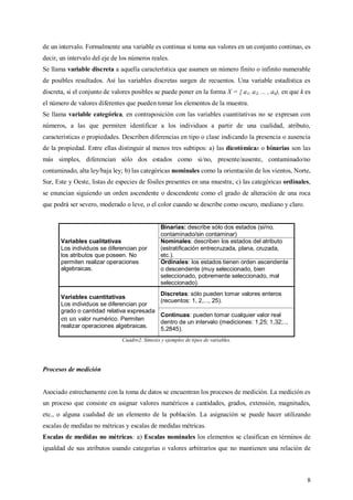 8
de un intervalo. Formalmente una variable es continua si toma sus valores en un conjunto continuo, es
decir, un intervalo del eje de los números reales.
Se llama variable discreta a aquella característica que asumen un número finito o infinito numerable
de posibles resultados. Así las variables discretas surgen de recuentos. Una variable estadística es
discreta, si el conjunto de valores posibles se puede poner en la forma X = { a1, a2, ... , ak), en que k es
el número de valores diferentes que pueden tomar los elementos de la muestra.
Se llama variable categórica, en contraposición con las variables cuantitativas no se expresan con
números, a las que permiten identificar a los individuos a partir de una cualidad, atributo,
características o propiedades. Describen diferencias en tipo o clase indicando la presencia o ausencia
de la propiedad. Entre ellas distinguir al menos tres subtipos: a) las dicotómicas o binarias son las
más simples, diferencian sólo dos estados como si/no, presente/ausente, contaminado/no
contaminado, alta ley/baja ley; b) las categóricas nominales como la orientación de los vientos, Norte,
Sur, Este y Oeste, listas de especies de fósiles presentes en una muestra; c) las categóricas ordinales,
se enuncian siguiendo un orden ascendente o descendente como el grado de alteración de una roca
que podrá ser severo, moderado o leve, o el color cuando se describe como oscuro, mediano y claro.
Variables cualitativas
Los individuos se diferencian por
los atributos que poseen. No
permiten realizar operaciones
algebraicas.
Binarias: describe sólo dos estados (si/no,
contaminado/sin contaminar)
Nominales: describen los estados del atributo
(estratificación entrecruzada, plana, cruzada,
etc.).
Ordinales: los estados tienen orden ascendente
o descendente (muy seleccionado, bien
seleccionado, pobremente seleccionado, mal
seleccionado).
Variables cuantitativas
Los individuos se diferencian por
grado o cantidad relativa expresada
en un valor numérico. Permiten
realizar operaciones algebraicas.
Discretas: sólo pueden tomar valores enteros
(recuentos: 1, 2,..., 25).
Continuas: pueden tomar cualquier valor real
dentro de un intervalo (mediciones: 1,25; 1,32;..,
5,2845).
Cuadro2. Síntesis y ejemplos de tipos de variables.
Procesos de medición
Asociado estrechamente con la toma de datos se encuentran los procesos de medición. La medición es
un proceso que consiste en asignar valores numéricos a cantidades, grados, extensión, magnitudes,
etc., o alguna cualidad de un elemento de la población. La asignación se puede hacer utilizando
escalas de medidas no métricas y escalas de medidas métricas.
Escalas de medidas no métricas: a) Escalas nominales los elementos se clasifican en términos de
igualdad de sus atributos usando categorías o valores arbitrarios que no mantienen una relación de
 