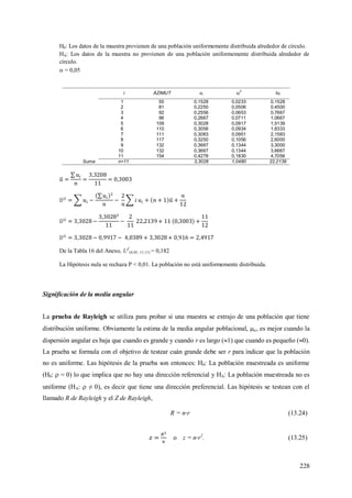228
H0: Los datos de la muestra provienen de una población uniformemente distribuida alrededor de círculo.
HA: Los datos de la muestra no provienen de una población uniformemente distribuida alrededor de
círculo.
 = 0,05
i AZIMUT ui ui
2
Iui
1 55 0,1528 0,0233 0,1528
2 81 0,2250 0,0506 0,4500
3 92 0,2556 0,0653 0,7667
4 96 0,2667 0,0711 1,0667
5 109 0,3028 0,0917 1,5139
6 110 0,3056 0,0934 1,8333
7 111 0,3083 0,0951 2,1583
8 117 0,3250 0,1056 2,6000
9 132 0,3667 0,1344 3,3000
10 132 0,3667 0,1344 3,6667
11 154 0,4278 0,1830 4,7056
Suma n=11 3,3028 1,0480 22,2139
De la Tabla 16 del Anexo, U2
(0,05; 11;11) = 0,182
La Hipótesis nula se rechaza P < 0,01. La población no está uniformemente distribuida.
Significación de la media angular
La prueba de Rayleigh se utiliza para probar si una muestra se extrajo de una población que tiene
distribución uniforme. Obviamente la estima de la media angular poblacional, , es mejor cuando la
dispersión angular es baja que cuando es grande y cuando r es largo (1) que cuando es pequeño (0).
La prueba se formula con el objetivo de testear cuán grande debe ser r para indicar que la población
no es uniforme. Las hipótesis de la prueba son entonces: H0: La población muestreada es uniforme
(H0:  = 0) lo que implica que no hay una dirección referencial y HA: La población muestreada no es
uniforme (HA:  ≠ 0), es decir que tiene una dirección preferencial. Las hipótesis se testean con el
llamado R de Rayleigh y el Z de Rayleigh,
R = n r (13.24)
o z = n r2
. (13.25)
 