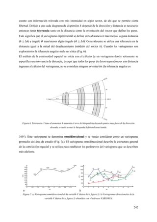 242
cuente con información relevada con más intensidad en algún sector, de ahí que se permite cierta
libertad. Debido a que cada diagrama de dispersión h depende de la dirección y distancia es necesario
entonces tener tolerancia tanto en la distancia como la orientación del vector que define los pares.
Esto significa que el variograma experimental se define en la distancia h mas/menos alguna distancia
(h  h) y ángulo  mas/menos algún ángulo ( ). Generalmente se utiliza una tolerancia en la
distancia igual a la mitad del desplazamiento (módulo del vector h). Cuando los variogramas son
exploratorios la tolerancia angular suele ser chica (Fig. 6).
El análisis de la continuidad espacial se inicia con el cálculo de un variograma donde solamente se
especifica una tolerancia de distancia, de aquí que todos los pares de datos separados por esa distancia
ingresan al cálculo del variograma, no se considera ninguna orientación (la tolerancia angular es
Figura 6. Tolerancia. Como al aumentar h aumenta el arco de búsqueda incluyendo puntos muy fuera de la dirección
deseada se suele acotar la búsqueda definiendo una banda.
360°). Este variograma se denomina omnidireccional y se puede considerar como un variograma
promedio del área de estudio (Fig. 7a). El variograma omnidireccional describe la estructura general
de la correlación espacial y se utiliza para establecer los parámetros del variograma que se describen
más adelante.
Figura 7. a) Variograma omnidireccional de la variable V (datos de la figura 3). b) Variogramas direccionales de la
variable V (datos de la figura 3) obtenidos con el software VARIOWIN.
 