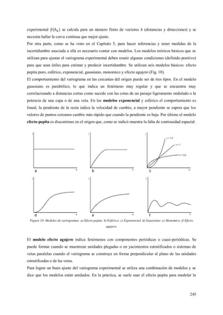 245
experimental se calcula para un número finito de vectores h (distancias y direcciones) y se
necesita hallar la curva continua que mejor ajuste.
Por otra parte, como se ha visto en el Capítulo 5, para hacer inferencias y tener medidas de la
incertidumbre asociada a ella es necesario contar con modelos. Los modelos teóricos básicos que se
utilizan para ajustar el variograma experimental deben reunir algunas condiciones (definido positivo)
para que sean útiles para estimar y predecir incertidumbre. Se utilizan seis modelos básicos: efecto
pepita puro, esférico, exponencial, gaussiano, monomico y efecto agujero (Fig. 10).
El comportamiento del variograma en las cercanías del origen puede ser de tres tipos. En el modelo
gaussiano es parabólico, lo que indica un fenómeno muy regular y que se encuentra muy
correlacionado a distancias cortas como sucede con las cotas de un paisaje ligeramente ondulado o la
potencia de una capa o de una veta. En los modelos exponencial y esférico el comportamiento es
lineal, la pendiente de la recta indica la velocidad de cambio, a mayor pendiente se espera que los
valores de puntos cercanos cambie más rápido que cuando la pendiente es baja. Por último el modelo
efecto pepita es discontinuo en el origen que, como se indicó muestra la falta de continuidad espacial.
Figura 10. Modelos de variogramas. a) Efecto pepita. b) Esférico. c) Exponencial. d) Gaussiano. e) Monomico. f) Efecto
agujero.
El modelo efecto agujero indica fenómenos con componentes periódicas o cuasi-periódicas. Se
puede formar cuando se muestrean unidades plegadas o en yacimientos estratificados o sistemas de
vetas paralelas cuando el variograma se construye en forma perpendicular al plano de las unidades
estratificadas o de las vetas.
Para lograr un buen ajuste del variograma experimental se utiliza una combinación de modelos y se
dice que los modelos están anidados. En la práctica, se suele usar el efecto pepita para modelar la
 