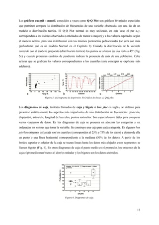 17
Los gráficos cuantil - cuantil, conocidos a veces como Q-Q Plot son gráficos bivariados especiales
que permiten compara la distribución de frecuencias de una variable observada con una las de un
modelo o distribución teórica. El Q-Q Plot normal es muy utilizado, en este caso el par xi,yi
corresponden a los valores observados (ordenados de menor a mayor) y a los valores esperados según
el modelo normal para una distribución con los mismos parámetros poblacionales (se verá con más
profundidad que es un modelo Normal en el Capítulo 3). Cuando la distribución de la variable
coincide con el modelo propuesto (distribución teórica) los puntos se alinean en una recta a 45º (Fig.
5c) y cuando presentan cambios de pendiente indican la presencia de más de una población. Cabe
aclarar que se grafican los valores correspondientes a los cuantiles (este concepto se explicara más
adelante).
Figura 5. a) Diagrama de dispersión. b) Gráfico de líneas. c) Q-Q plot.
Los diagramas de caja, también llamados de caja y bigote ó box plot en inglés, se utilizan para
presentar sintéticamente los aspectos más importantes de una distribución de frecuencias: posición,
dispersión, asimetría, longitud de las colas, puntos anómalos. Son especialmente útiles para comparar
varios conjuntos de datos. En los diagramas de caja se presenta en abscisas las categorías y en
ordenadas los valores que toma la variable. Se construye una caja para cada categoría. En algunos box
plot los extremos de la caja son los cuartiles (corresponden al 25% y 75% de los datos) y dentro de ella
un punto o una línea horizontal correspondiente a la mediana (50% de los datos). A partir de los
bordes superior e inferior de la caja se trazan líneas hasta los datos más alejados estos segmentos se
llaman bigotes (Fig. 6). En otros diagramas de caja el punto medio es el promedio, los extremos de la
caja el promedio mas/menos el desvío estándar y los bigotes son los datos anómalos.
Figura 6. Diagramas de caja.
 