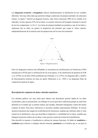 18
Los diagramas ternarios o triangulares indican simultáneamente la distribución de tres variables
diferentes. Son muy útiles dado que permiten trabajar condiciones de proporcionalidad y de relaciones
mutuas. La figura 7 muestra un diagrama ternario, cada vértice representa 100% de la variable en él
indicada y la base opuesta el 0% de la misma. Los puntos interiores del triangulo muestran la mezcla
de los tres componentes: A, B y C. Las líneas de proporcionalidad son paralelas a uno de los lados y
mantienen fija en todos sus puntos la proporción del elemento que ocupa el vértice opuesto,
independientemente de la relación entre las proporciones de los otros dos elementos.
Grav a
Fango Arena
Figura 7. Diagrama ternario.
Entre los diagramas ternarios más difundidos se encuentran las clasificaciones de Streckeisen (1965)
asumida por la IUGS para la clasificación de las rocas ígneas, el de clasificación de psamitas de Folk
et al. (1970), los de Dott (1964) modificado por Pettijohn et al. (1972), los diagramas QFL y QmFLt
de discriminación tectónica de áreas de aporte (Dickinson et al., 1983) y los diagramas Piper de
composición química de aguas.
Descripción de conjuntos de datos: métodos numéricos
Los métodos gráficos son muy útiles para obtener una descripción general rápida de los datos
recolectados y para su presentación, sin embargo no sirven para hacer inferencias porque no están bien
definidos en el sentido que se pueden realizar, por ejemplo, diferentes histogramas a partir del mismo
conjunto de datos. Para hacer inferencias se necesitan medidas rigurosamente definidas. Se buscan
números transmitan una imagen de la distribución de frecuencias, medidas que informen sobre el valor
central de la distribución, otras que describan la dispersión o variabilidad de los datos, medidas que
indiquen la posición relativa de los datos y otras que den cuenta de la forma de la distribución.
Para describir la muestra y la población se utilizan las mismas funciones. Se habla de estadística o
estadístico para referirse a cualquier función muestral, parámetro es el término que se usa para la
 