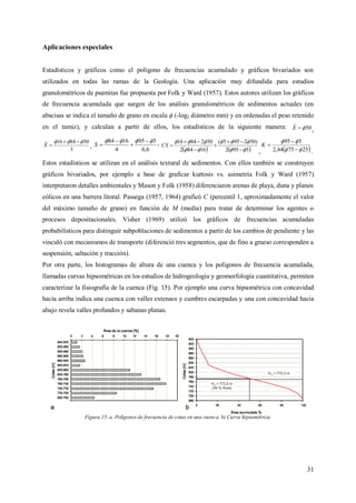 31
Aplicaciones especiales
Estadísticos y gráficos como el polígono de frecuencias acumulado y gráficos bivariados son
utilizados en todas las ramas de la Geología. Una aplicación muy difundida para estudios
granulométricos de psamitas fue propuesta por Folk y Ward (1957). Estos autores utilizan los gráficos
de frecuencia acumulada que surgen de los análisis granulométricos de sedimentos actuales (en
abscisas se indica el tamaño de grano en escala ϕ (-log2 diámetro mm) y en ordenadas el peso retenido
en el tamiz), y calculan a partir de ellos, los estadísticos de la siguiente manera: 50ˆ X ,
3
508416  
X , 6,6
595
4
1684  


S ,
   5952
)502955(
16842
5028416









CS
,  257544,2
595




K
.
Estos estadísticos se utilizan en el análisis textural de sedimentos. Con ellos también se construyen
gráficos bivariados, por ejemplo a base de graficar kurtosis vs. asimetría Folk y Ward (1957)
interpretaron detalles ambientales y Mason y Folk (1958) diferenciaron arenas de playa, duna y planos
eólicos en una barrera litoral. Passega (1957, 1964) graficó C (percentil 1, aproximadamente el valor
del máximo tamaño de grano) en función de M (media) para tratar de determinar los agentes o
procesos depositacionales. Visher (1969) utilizó los gráficos de frecuencias acumuladas
probabilísticos para distinguir subpoblaciones de sedimentos a partir de los cambios de pendiente y las
vinculó con mecanismos de transporte (diferenció tres segmentos, que de fino a grueso corresponden a
suspensión, saltación y tracción).
Por otra parte, los histogramas de altura de una cuenca y los polígonos de frecuencia acumulada,
llamadas curvas hipsométricas en los estudios de hidrogeología y geomorfología cuantitativa, permiten
caracterizar la fisiografía de la cuenca (Fig. 15). Por ejemplo una curva hipsométrica con concavidad
hacia arriba indica una cuenca con valles extensos y cumbres escarpadas y una con concavidad hacia
abajo revela valles profundos y sabanas planas.
Figura 15. a. Polígonos de frecuencia de cotas en una cuenca. b) Curva hipsométrica.
 