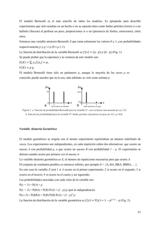 51
El modelo Bernoulli es el más sencillo de todos los modelos. Es apropiado para describir
experimentos que sólo resultan en un hecho o en su opuesto tales como hallar petróleo (éxito) o o no
hallarlo (fracaso) al perforar un pozo, proposiciones si o no (presencia de fósiles, estructuras), entre
otros.
Entonces una variable aleatoria Bernoulli X que toma solamente los valores 0 y 1, con probabilidades
respectivamente p y q=1-p (0  p  1).
La función de distribución de la variable Bernoulli es (Fig. 1).
Se puede probar que la esperanza y la varianza de este modelo son:
,
.
El modelo Bernoulli tiene sólo un parámetro p, aunque la mayoría de las veces p es
conocido, puede suceder que no lo sea, más adelante se verá como estimar p.
Figura 1. a. Función de probabilidad Bernoulli para la variable X= cara al lanzar una moneda (p=q=1/2)
b. Función de probabilidad para la variable P= hallar petróleo al perforar un pozo (p=0,1; q=0,9).
Variable Aleatoria Geométrica
El modelo geométrico se origina con el mismo experimento repitiéndose un número indefinido de
veces. Los experimentos son independientes, en cada repetición caben dos alternativas: que ocurre un
suceso A con probabilidad p, o que ocurre un suceso B con probabilidad 1 – p. El experimento se
detiene cuando ocurre por primera vez el suceso A.
La variable aleatoria geométrica es X, el número de repeticiones necesarias para que ocurra A.
El conjunto de resultados posibles es entonces infinito, por ejemplo S = {A, BA, BBA, BBBA, …}.
En este caso la variable X será 1 si A ocurre en el primer experimento, 2 si ocurre en el segundo, 3 si
ocurre en el tercero, 4 si ocurre en el cuarto y así siguiendo.
Las probabilidades asociadas con cada valor de la variable son:
P(x = 1) = P(A) = p
P(x = 2) = P(BA) = P(B)·P(A) = (1 - p)·p (por la independencia)
P(x=3) = P(BBA) = P(B)·P(B)·P(A) = (1 - p)2
·p
La función de distribución de la variable geométrica es (Fig. 2).
 