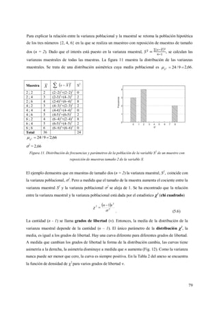 79
Para explicar la relación entre la varianza poblacional y la muestral se retoma la población hipotética
de los tres números {2, 4, 6} en la que se realiza un muestreo con reposición de muestras de tamaño
dos (n = 2). Dado que el interés está puesto en la varianza muestral, , se calculan las
varianzas muestrales de todas las muestras. La figura 11 muestra la distribución de las varianzas
muestrales. Se trata de una distribución asimétrica cuya media poblacional es  9/242
S
 2,66.
Muestra X  2
1
Xx
n
 S2
2 ; 2 2 (2–2)2
+(2–2)2
0
2 ; 4 3 (2-3)2
+(4–3)2
2
2 ; 6 4 (2-4)2
+(6–4)2
8
4 ; 2 3 (4–3)2
+(2–3)2
2
4 ; 4 4 (4-4)2
+(4–4)2
0
4 ; 6 5 (4-5)2
+(6-5)2
2
6 ; 2 4 (6–4)2
+(2–4)2
8
6 ; 4 5 (6-5)2
+(4–5)2
2
6 ; 6 6 (6- 6)2
+(6–6)2
0
Total 36 24
66,2`9/242 S

2
= 2,66
Figura 11. Distribución de frecuencias y parámetros de la población de la variable S2
de un muestro con
reposición de muestras tamaño 2 de la variable X.
El ejemplo demuestra que en muestras de tamaño dos (n = 2) la varianza muestral, S2
, coincide con
la varianza poblacional, 2
. Pero a medida que el tamaño de la muestra aumenta el cociente entre la
varianza muestral S2
y la varianza poblacional 2
se aleja de 1. Se ha encontrado que la relación
entre la varianza muestral y la varianza poblacional está dada por el estadístico 2
(chi cuadrado)
 
2
2
2 1


sn 

. (5.6)
La cantidad (n - 1) se llama grados de libertad (). Entonces, la media de la distribución de la
varianza muestral depende de la cantidad (n – 1). El único parámetro de la distribución 2
, la
media, es igual a los grados de libertad. Hay una curva diferente para diferentes grados de libertad.
A medida que cambian los grados de libertad la forma de la distribución cambia, las curvas tiene
asimetría a la derecha, la asimetría disminuye a medida que n aumenta (Fig. 12). Como la varianza
nunca puede ser menor que cero, la curva es siempre positiva. En la Tabla 2 del anexo se encuentra
la función de densidad de 2
para varios grados de libertad .
 