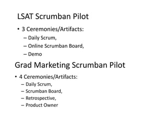 LSAT Scrumban Pilot
• 3 Ceremonies/Artifacts: 
   – Daily Scrum
     Daily Scrum, 
   – Online Scrumban Board, 
   – Demo
...