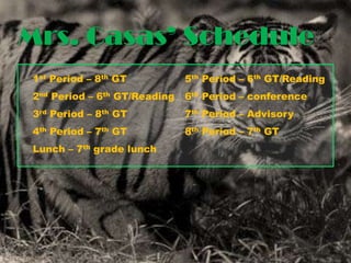 Mrs. Casas’ Schedule1st Period – 8thGT2nd Period – 6thGT/Reading3rd Period – 8thGT4th Period – 7thGTLunch – 7th grade lunch5th Period – 6thGT/Reading6th Period – conference7th Period – Advisory8th Period – 7thGT